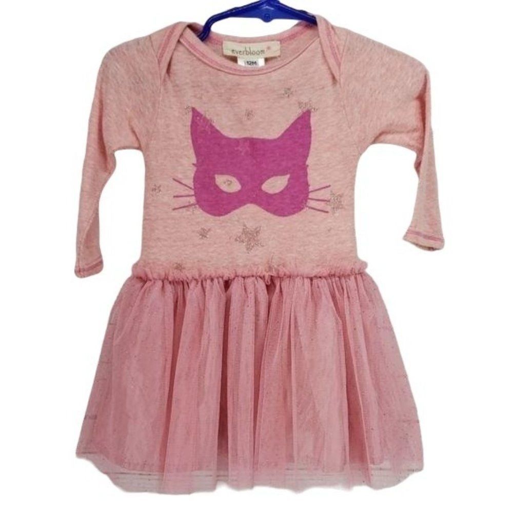 Everbloom Girl Pink Cat Tulle Skirt Long Sleeve‎ Dress Size 12 Months